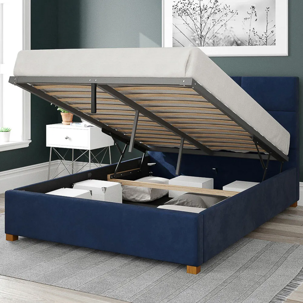 Caine Small Double Ottoman Bed with Storage - Navy, Velvet