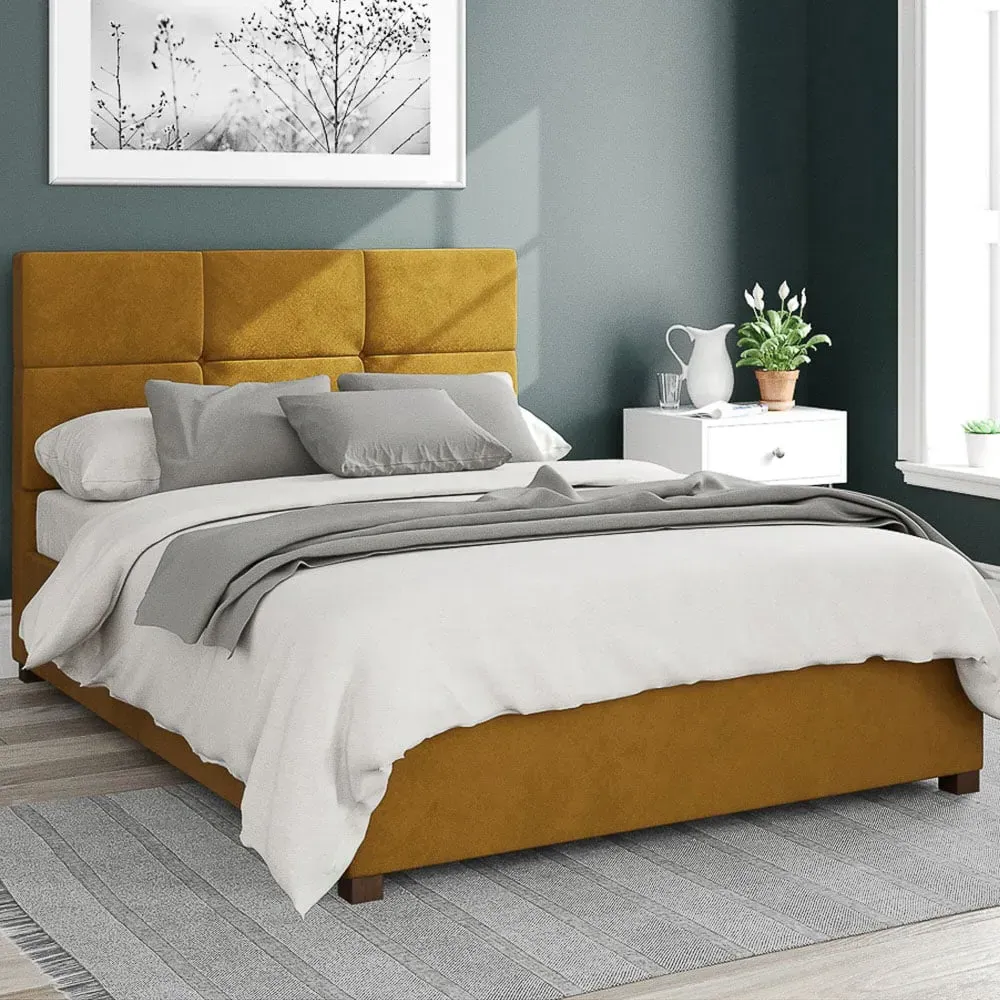 Caine Small Double Ottoman Bed with Storage - Ochre, Velvet