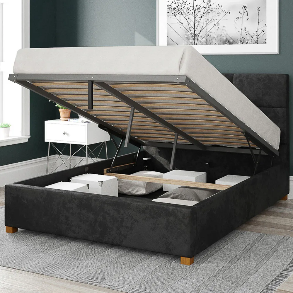 Caine Super King Ottoman Bed with Storage - Black, Velvet