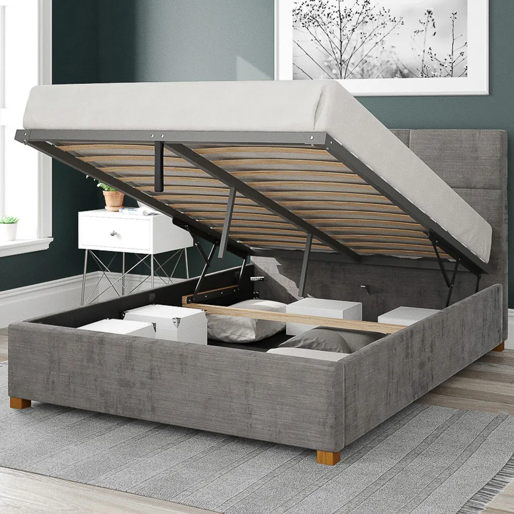 Caine Super King Ottoman Bed with Storage - Silver, Velvet