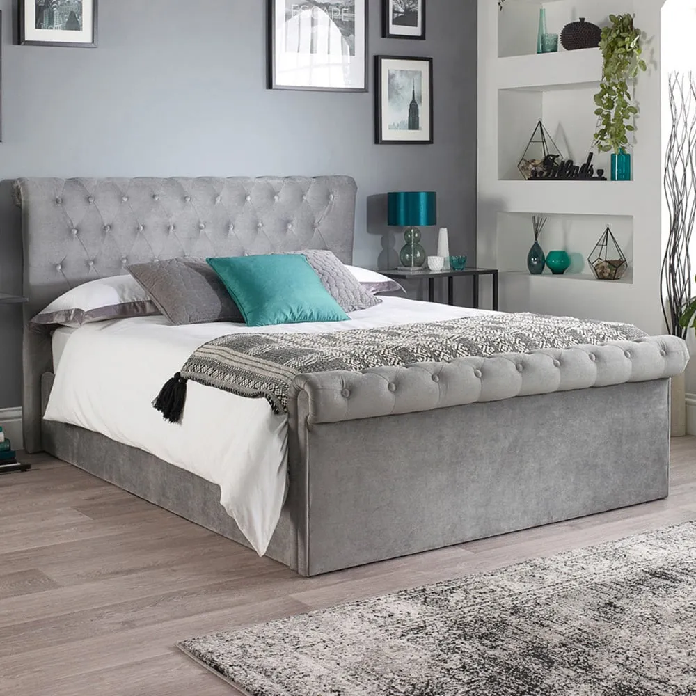 Chesterfield Double Ottoman Bed with Storage - Grey, Velvet