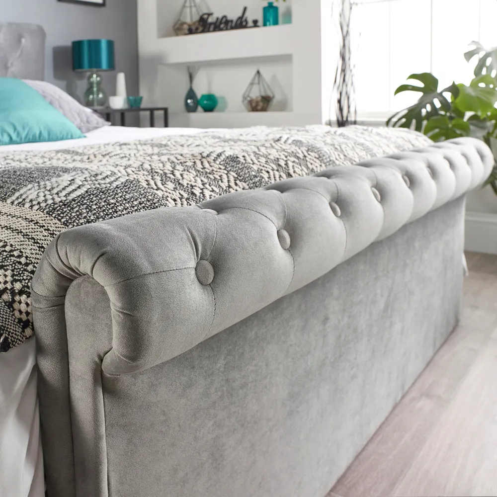 Chesterfield King Size Ottoman Bed with Storage - Grey, Velvet