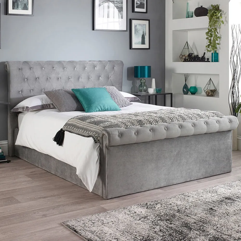 Chesterfield King Size Ottoman Bed with Storage - Grey, Velvet