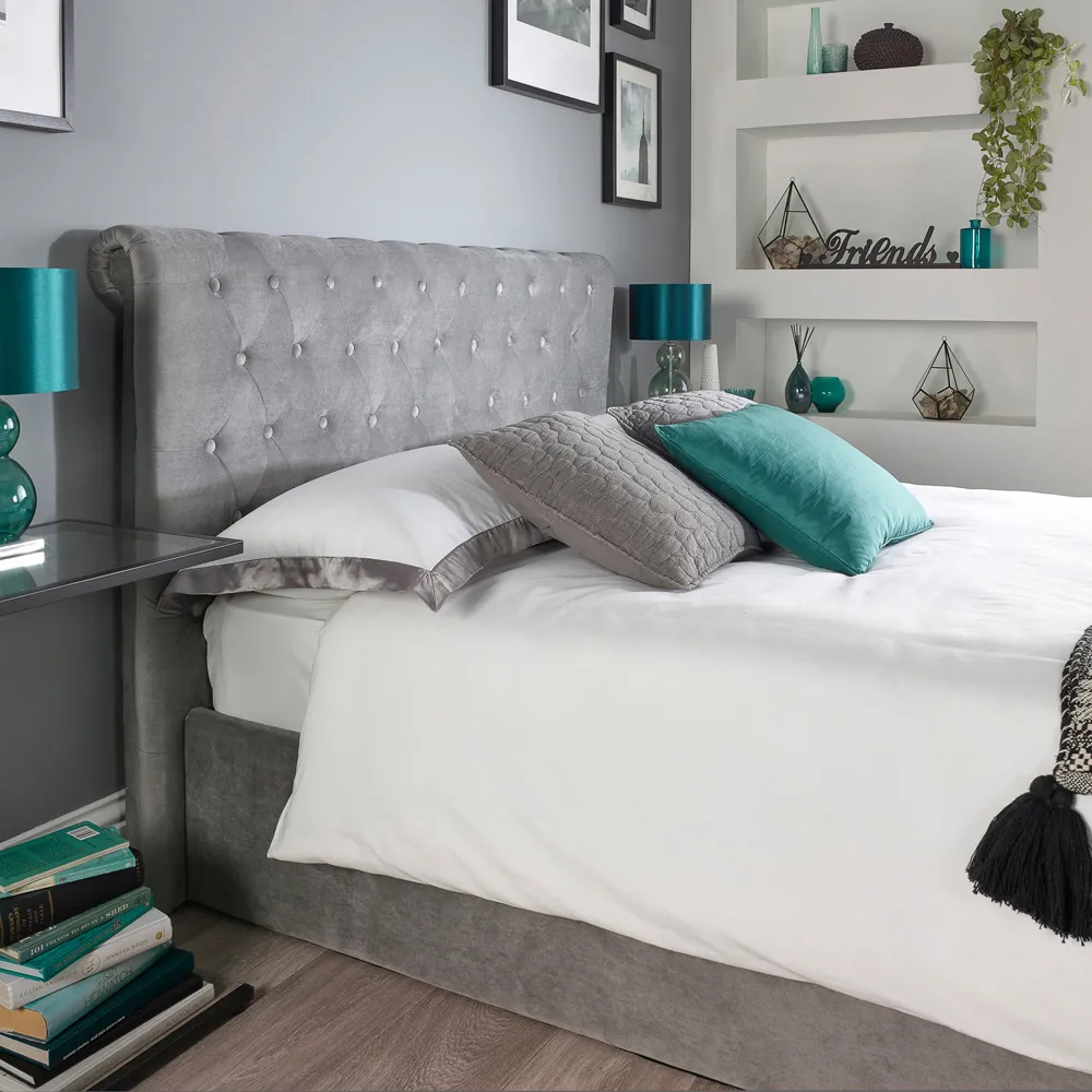 Chesterfield Single Ottoman Bed with Storage - Grey, Velvet