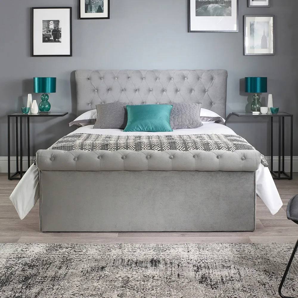 Chesterfield Small Double Ottoman Bed with Storage - Grey, Velvet