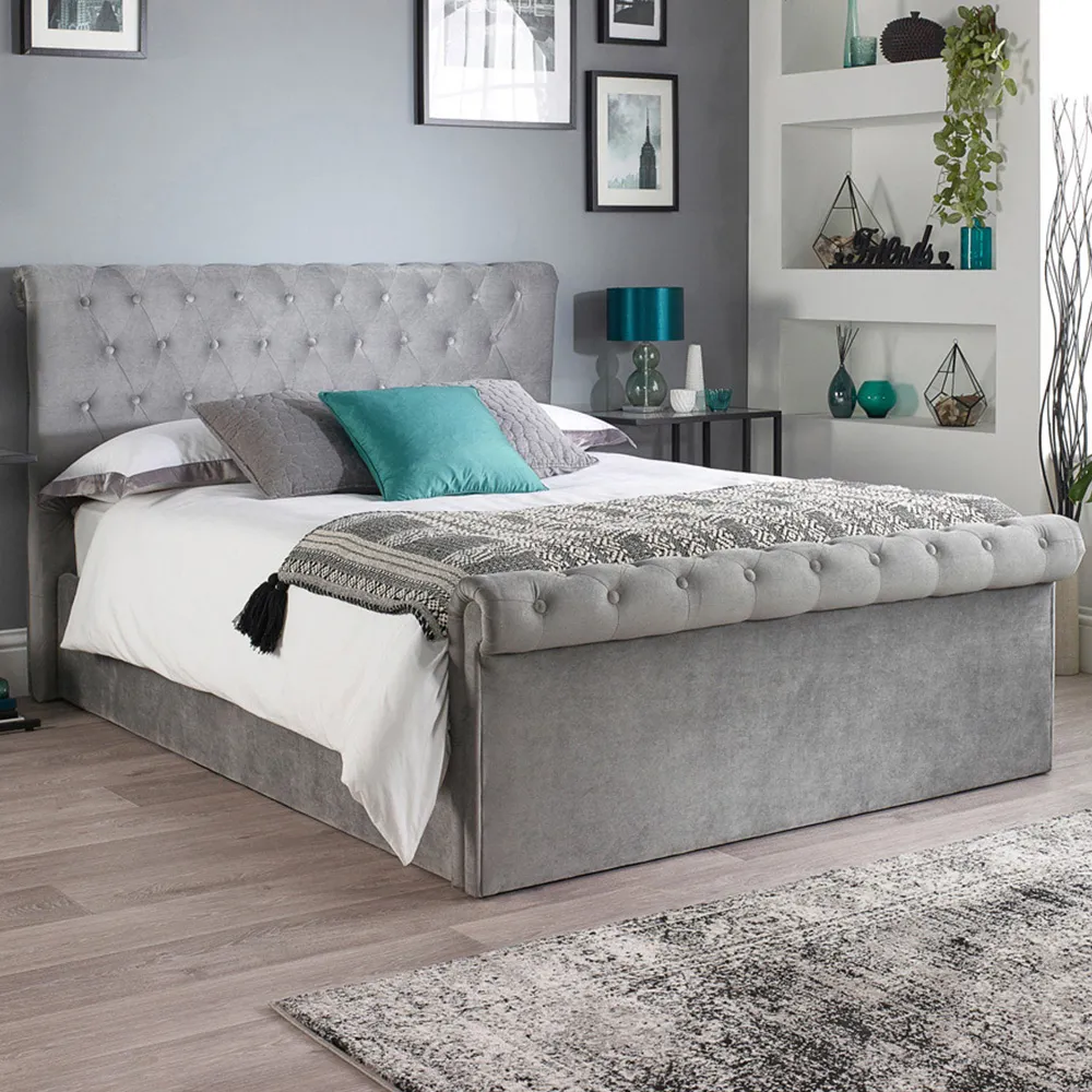 Chesterfield Small Double Ottoman Bed with Storage - Grey, Velvet image