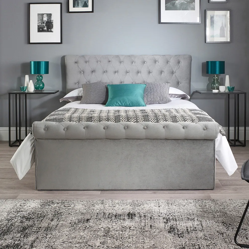 Chesterfield Super King Ottoman Bed with Storage - Grey, Velvet