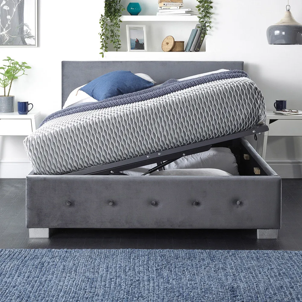 Double Ottoman Bed with Storage - Grey, Velvet