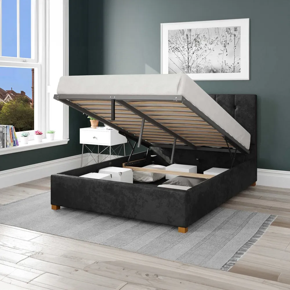 Hepburn Double Ottoman Bed with Storage - Black, Velvet