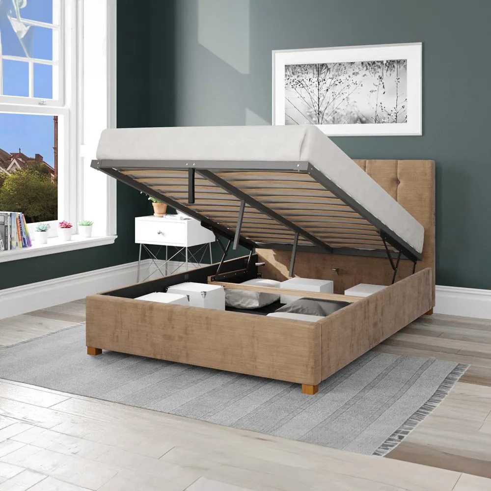 Hepburn Double Ottoman Bed with Storage - Champagne, Velour