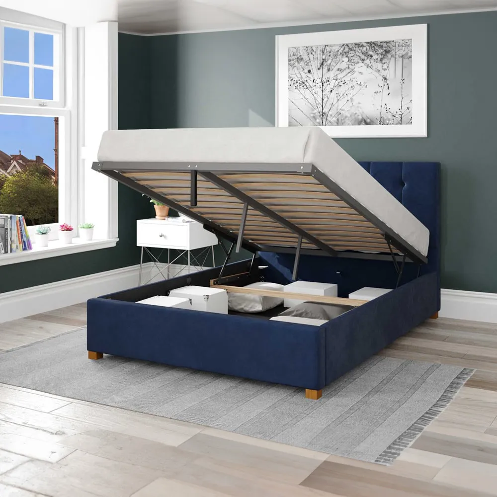 Hepburn Double Ottoman Bed with Storage - Navy, Velvet