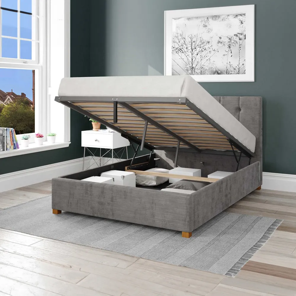 Hepburn Double Ottoman Bed with Storage - Silver, Velour