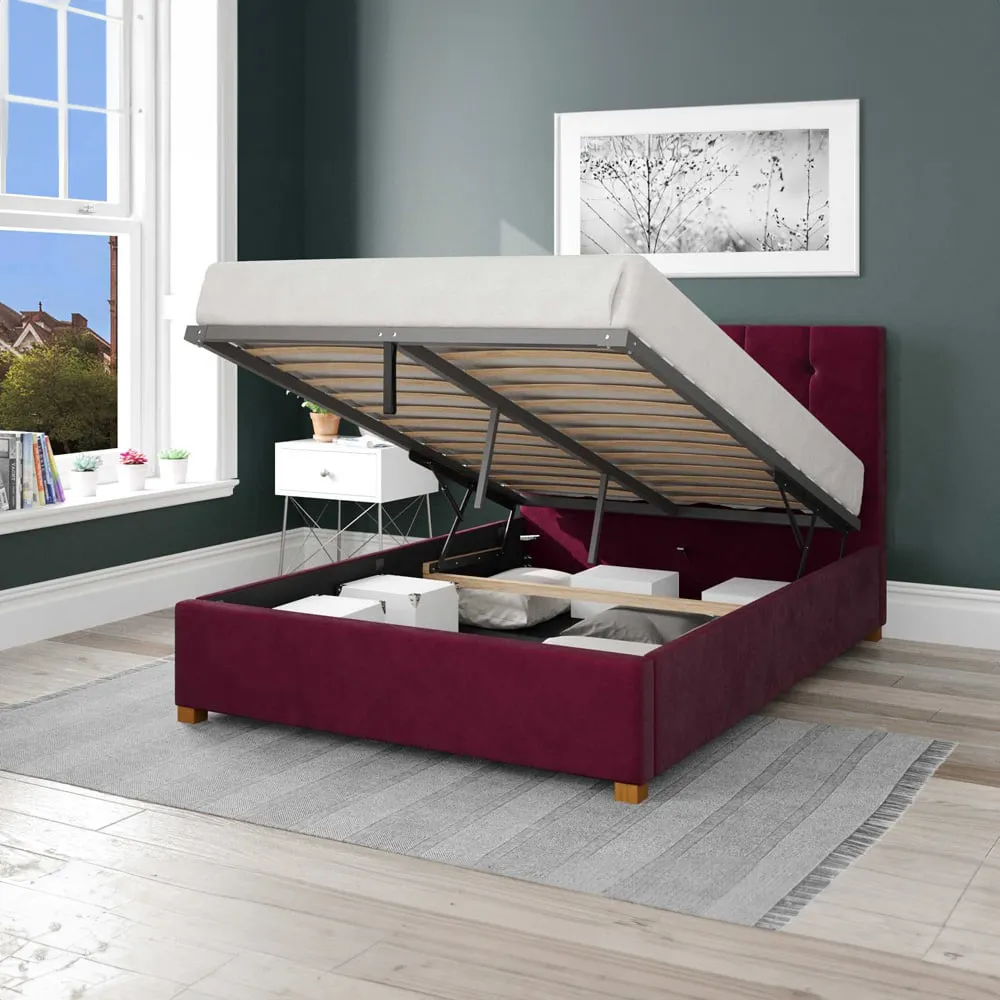 Hepburn King Size Ottoman Bed with Storage - Berry, Velvet