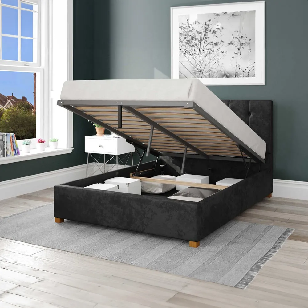 Hepburn King Size Ottoman Bed with Storage - Black, Velvet