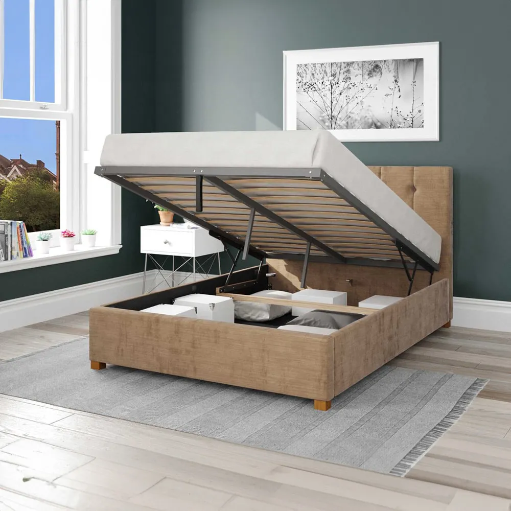 Hepburn King Size Ottoman Bed with Storage - Champagne, Velour