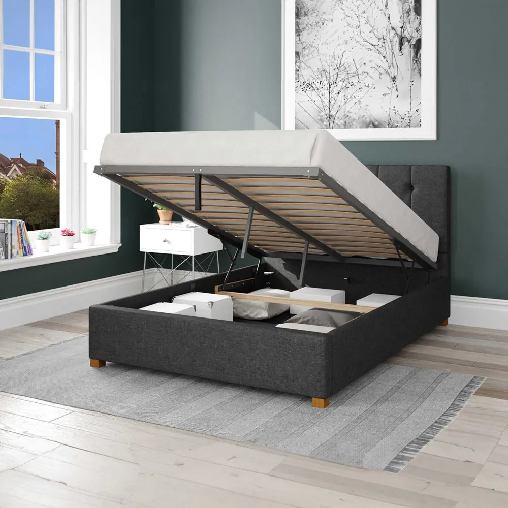 Hepburn King Size Ottoman Bed with Storage - Charcoal, Twill