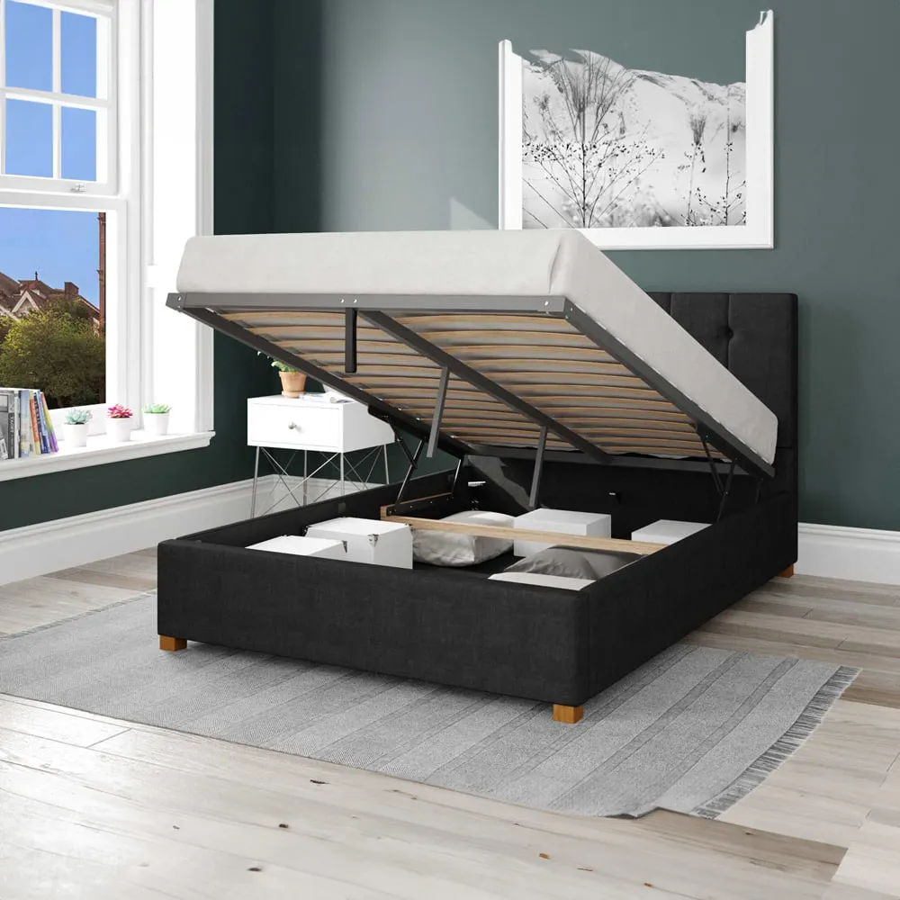 Hepburn King Size Ottoman Bed with Storage - Ebony, Malham Weave