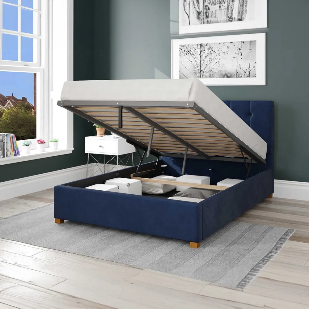 Hepburn King Size Ottoman Bed with Storage - Navy, Velvet