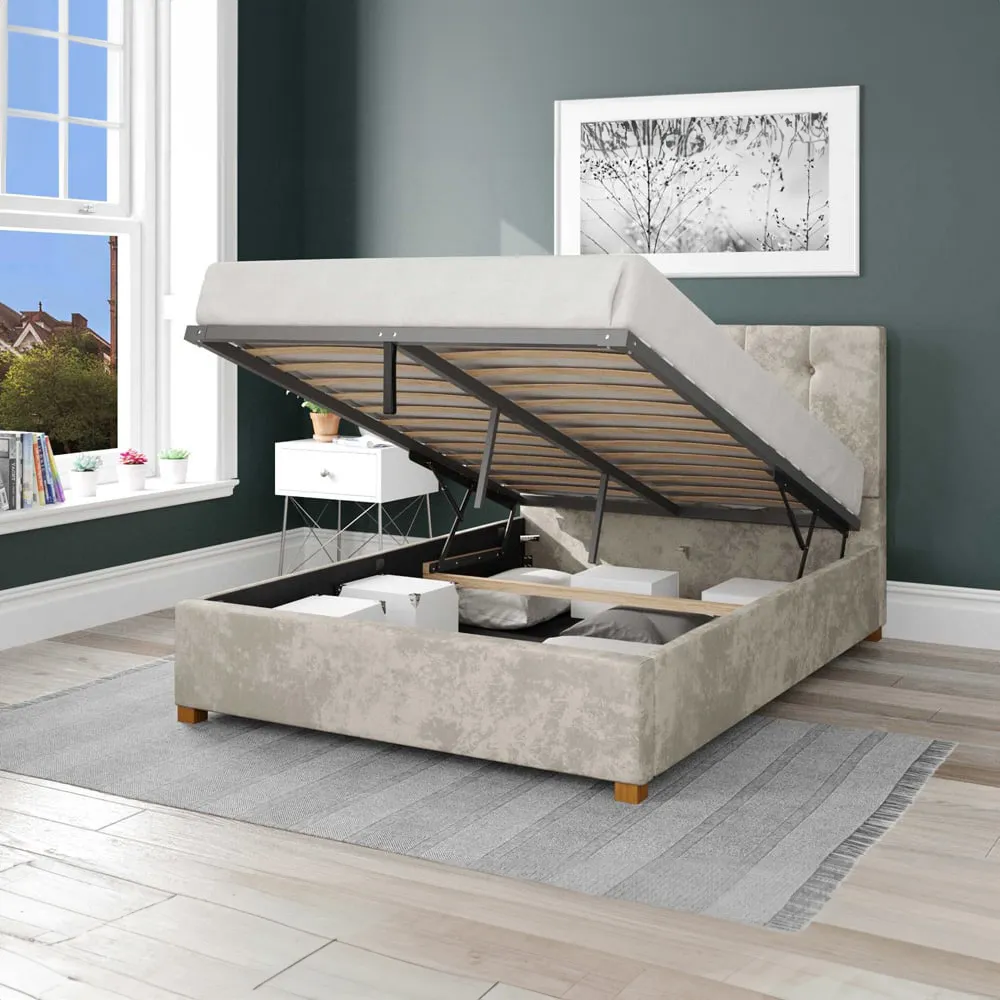 Hepburn King Size Ottoman Bed with Storage - Pearl, Velvet