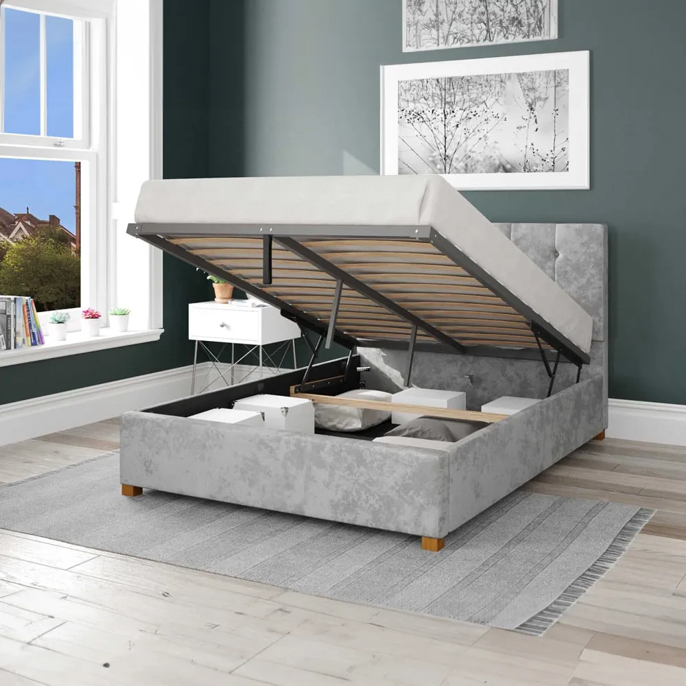 Hepburn King Size Ottoman Bed with Storage - Silver, Velvet