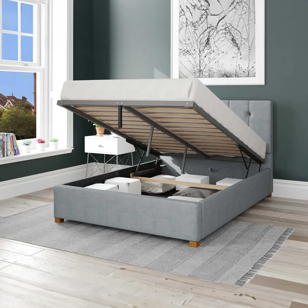 Hepburn King Size Ottoman Bed with Storage - Sky, Malham Weave