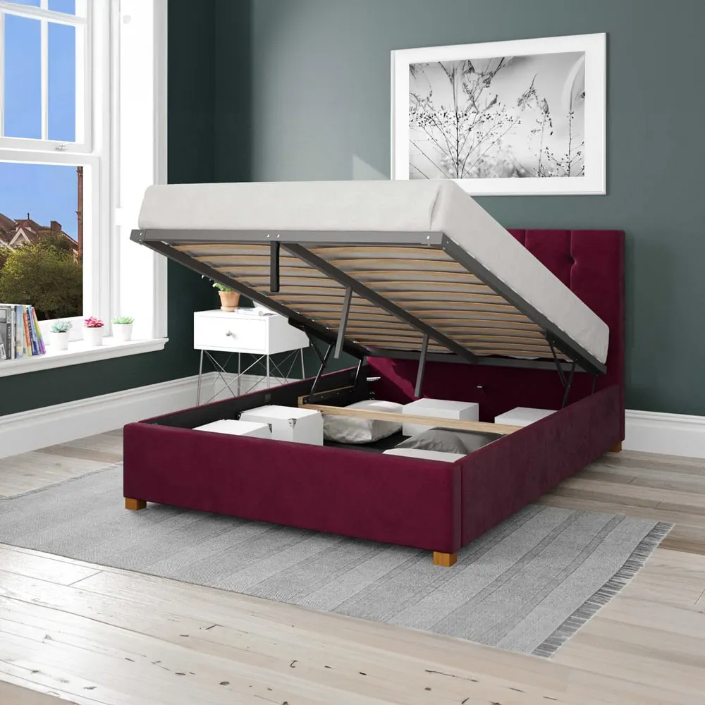 Hepburn Single Ottoman Bed with Storage - Berry, Velvet
