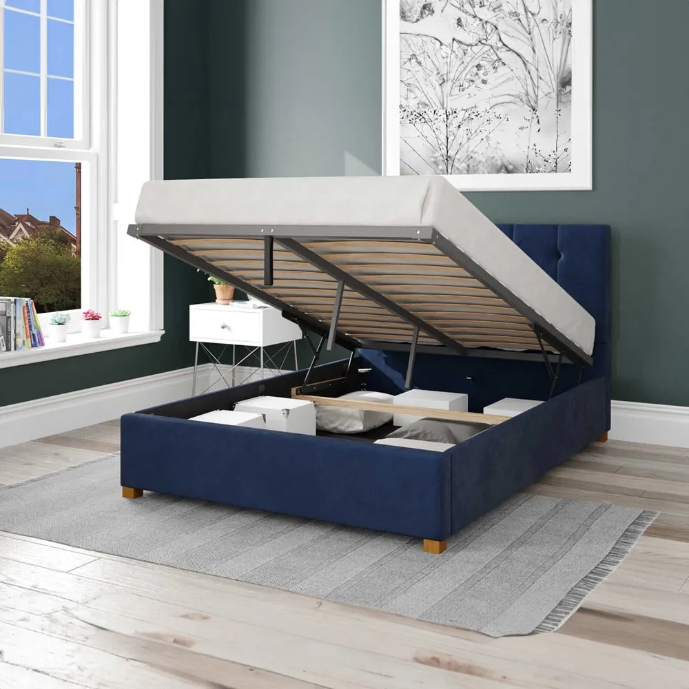 Hepburn Single Ottoman Bed with Storage - Navy, Velvet