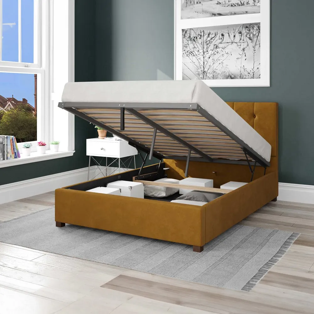 Hepburn Single Ottoman Bed with Storage - Ochre, Velvet