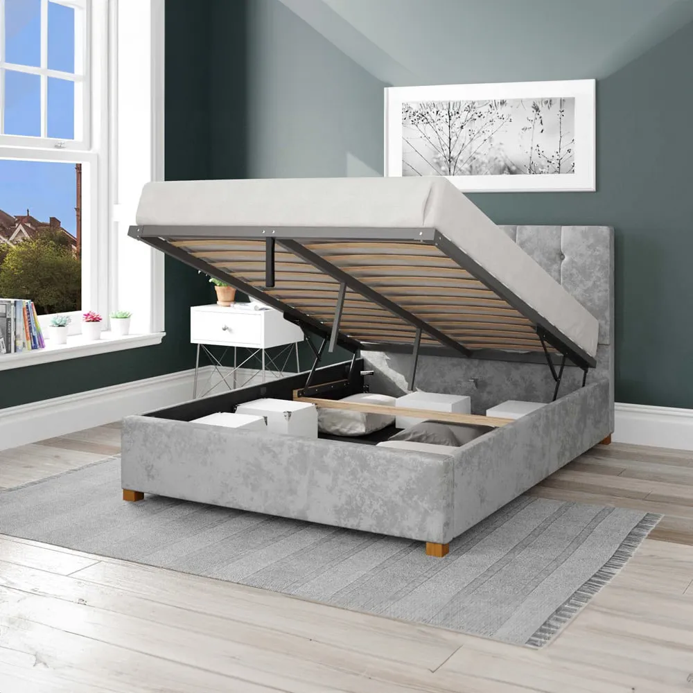 Hepburn Single Ottoman Bed with Storage - Silver, Velvet