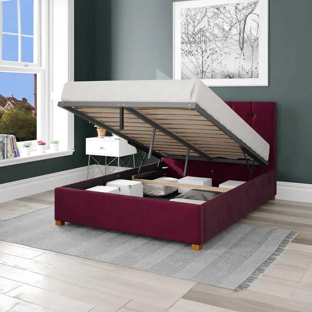 Hepburn Small Double Ottoman Bed with Storage - Berry, Velvet