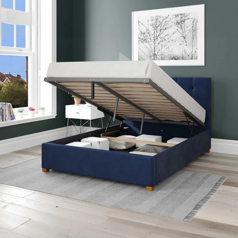 Hepburn Small Double Ottoman Bed with Storage - Blue, Velvet