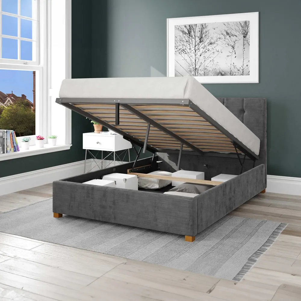 Hepburn Small Double Ottoman Bed with Storage - Charcoal, Velour