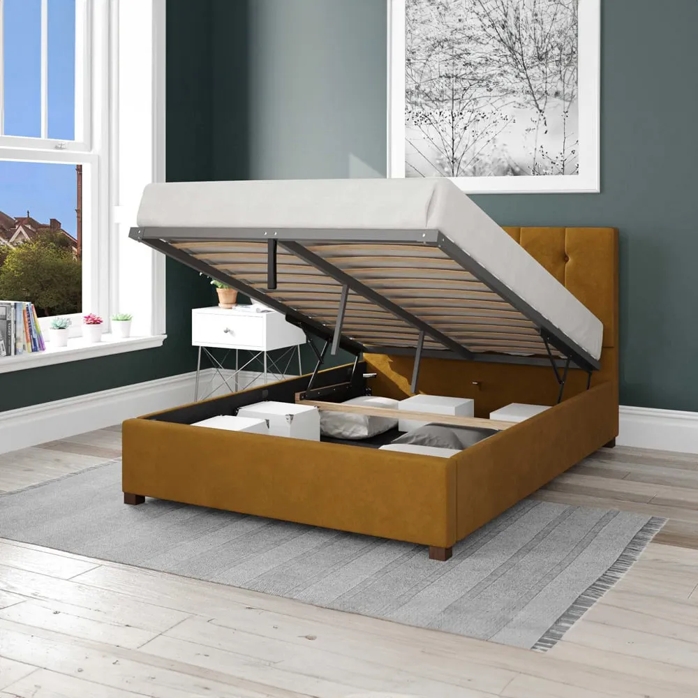 Hepburn Small Double Ottoman Bed with Storage - Ochre, Velvet
