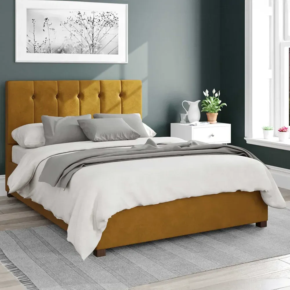 Hepburn Small Double Ottoman Bed with Storage - Ochre, Velvet