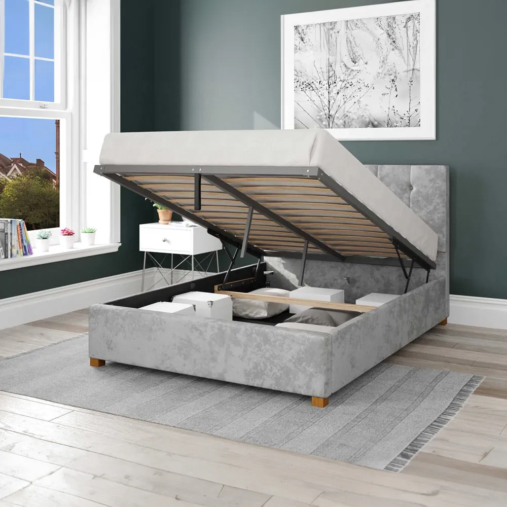 Hepburn Small Double Ottoman Bed with Storage - Silver, Velvet