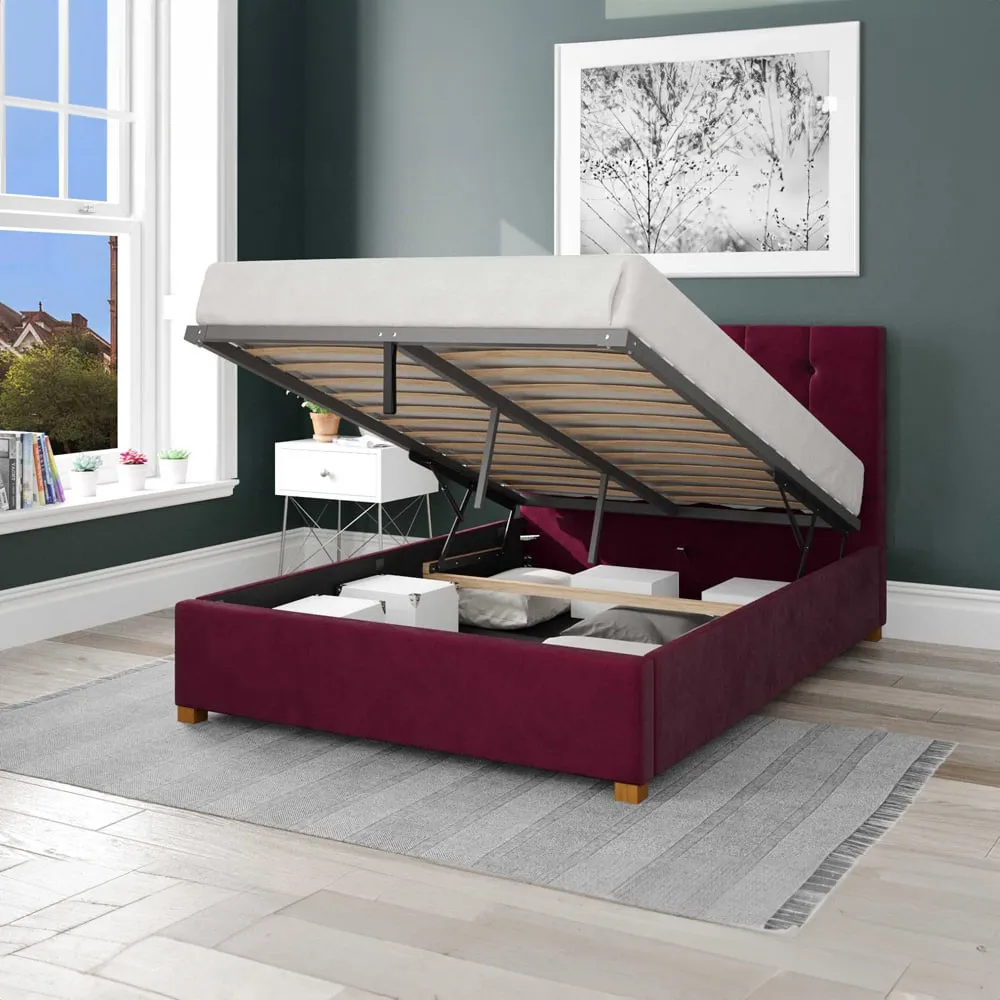 Hepburn Super King Ottoman Bed with Storage - Berry, Velvet