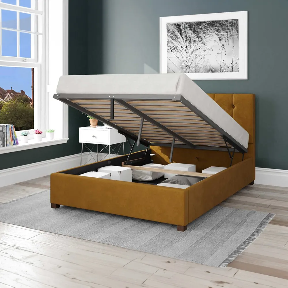 Hepburn Super King Ottoman Bed with Storage - Ochre, Velvet