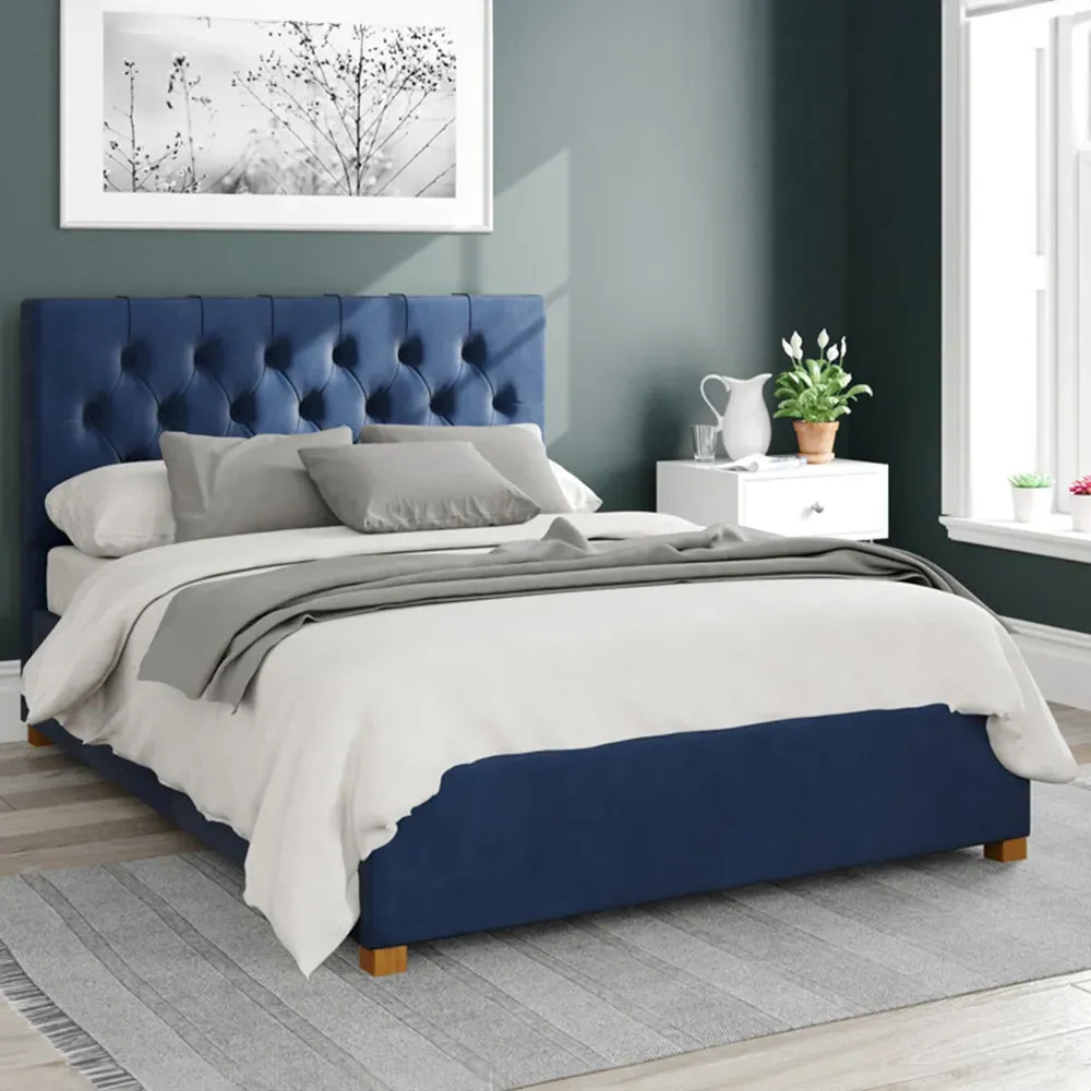 Olivier Double Ottoman Bed with Storage - Navy, Velvet