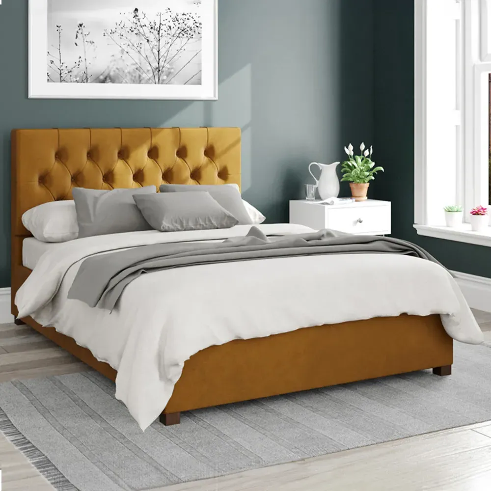 Olivier King Size Ottoman Bed with Storage - Ochre, Velvet