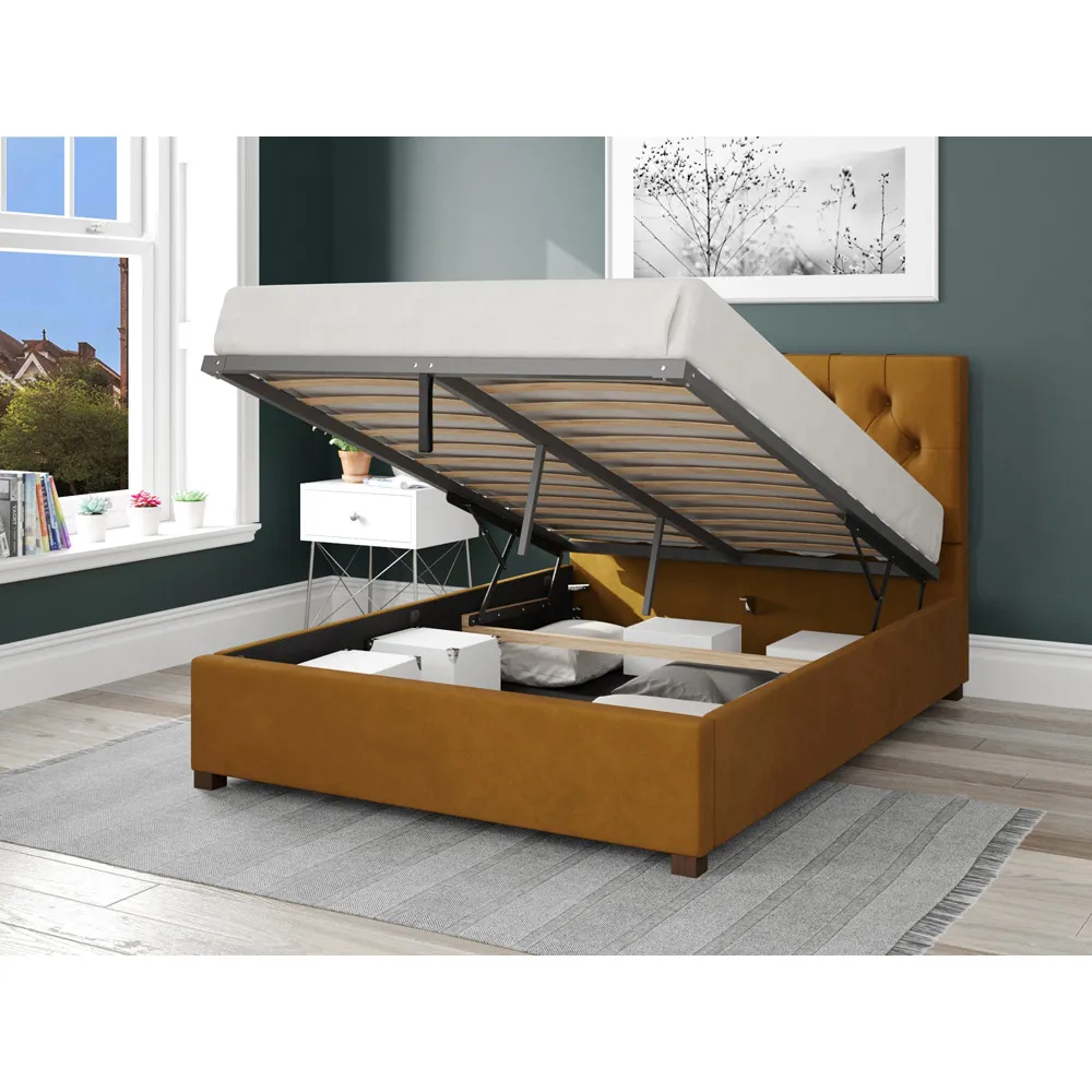 Olivier Single Ottoman Bed with Storage - Ochre, Velvet