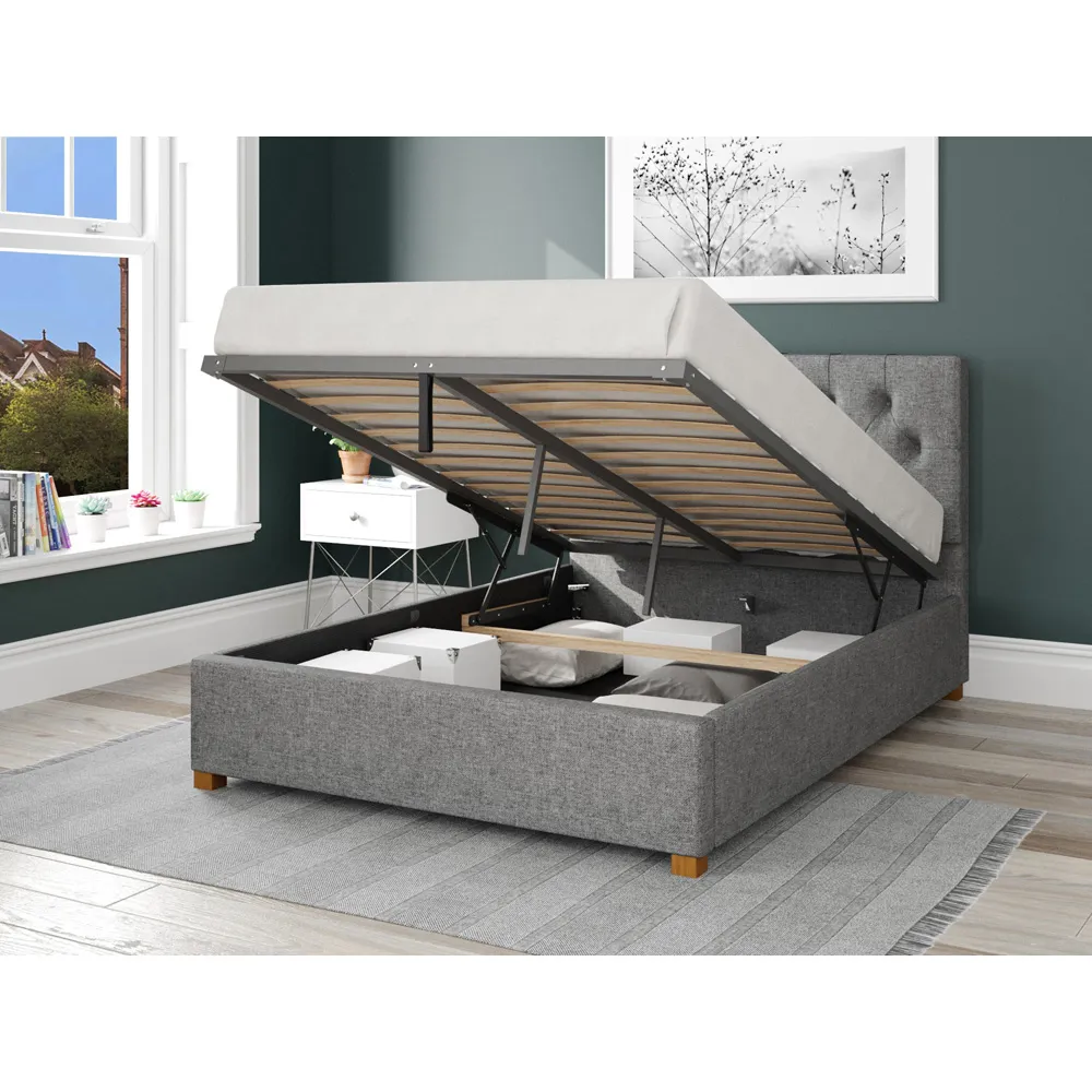 Olivier Small Double Ottoman Bed with Storage - Grey, Saxon Twill