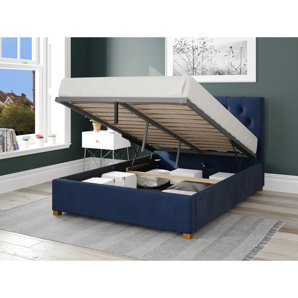 Olivier Super King Ottoman Bed with Storage - Navy, Velvet