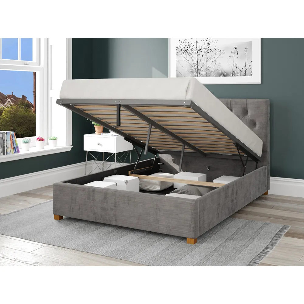 Olivier Super King Ottoman Bed with Storage - Silver, Velour