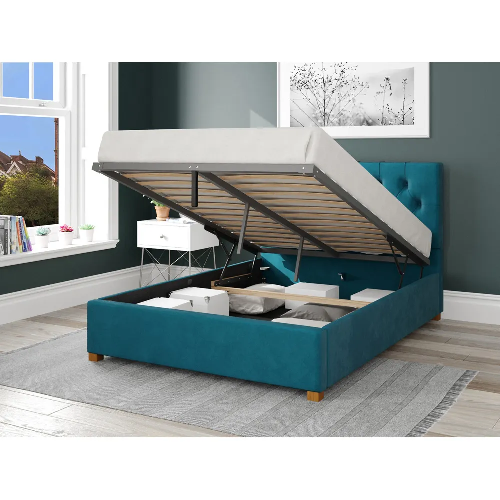 Olivier Super King Ottoman Bed with Storage - Teal, Velvet