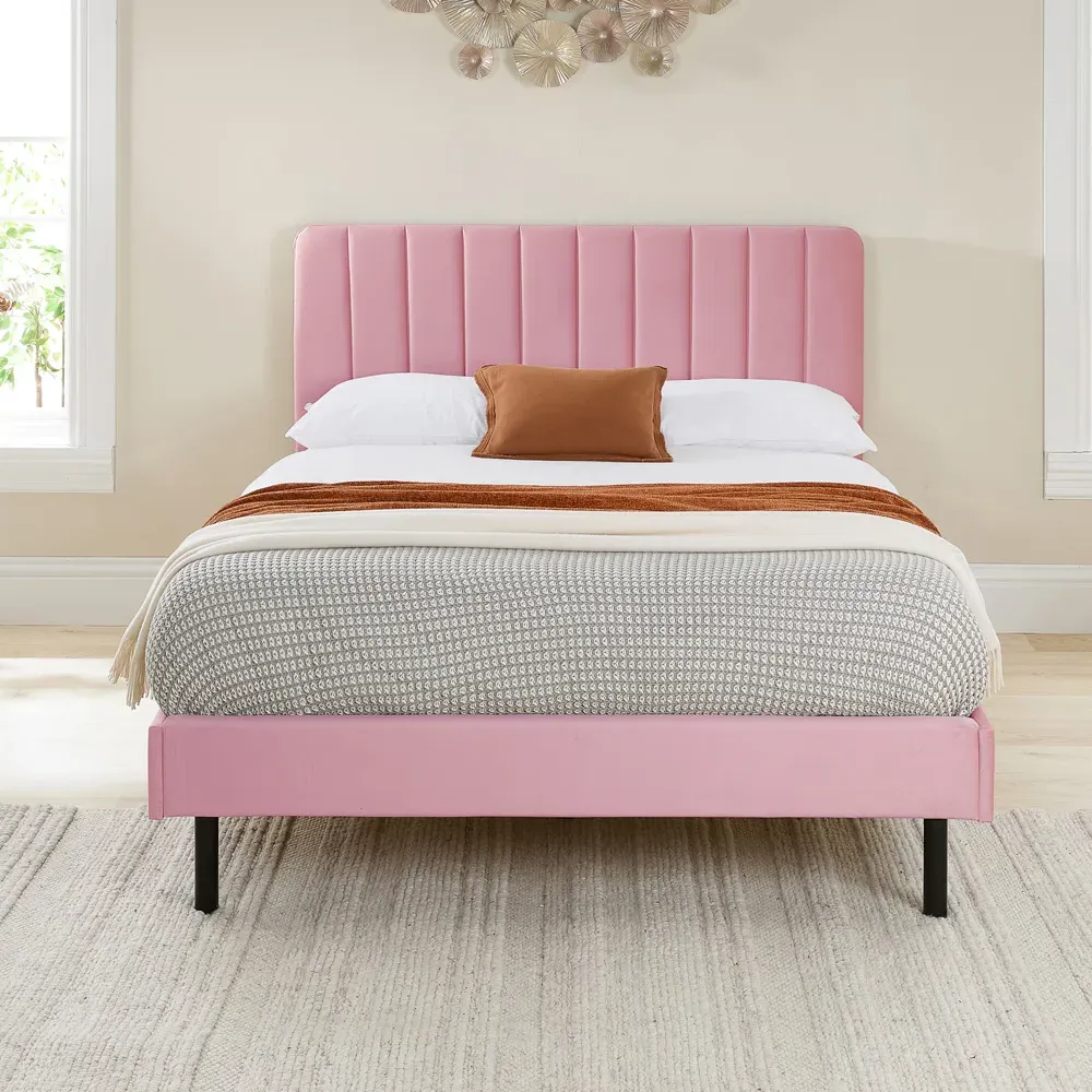 Rosella Double Bed Frame - Pink, Velvet