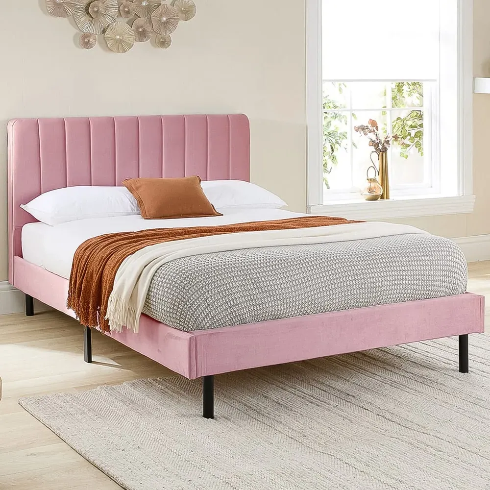 Rosella Double Bed Frame - Pink, Velvet