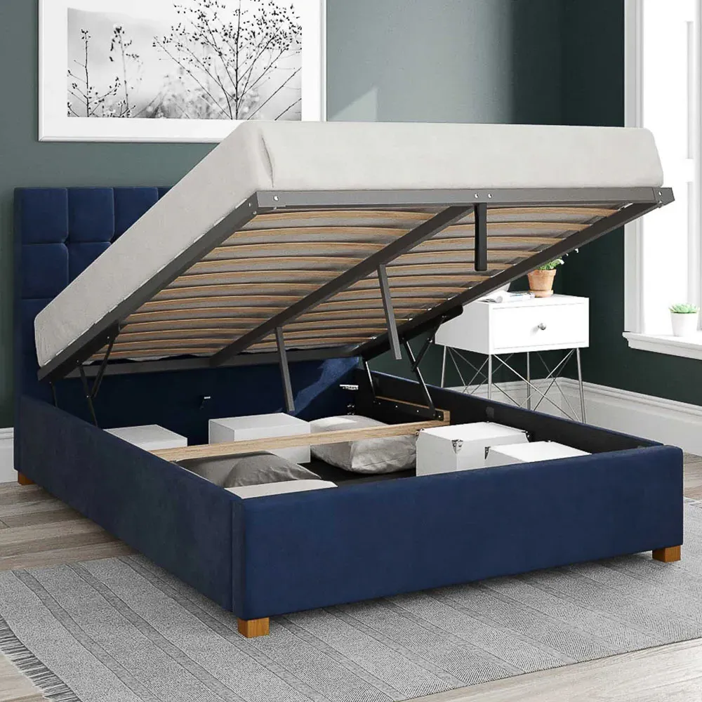 Sinatra Double Ottoman Bed with Storage - Navy, Velvet