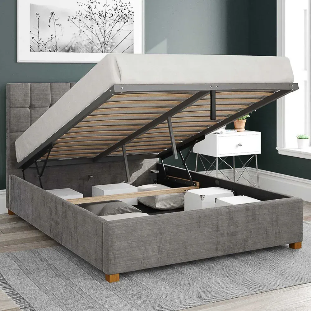 Sinatra Double Ottoman Bed with Storage - Silver, Velour