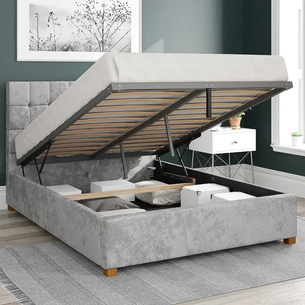 Sinatra Double Ottoman Bed with Storage - Silver, Velvet