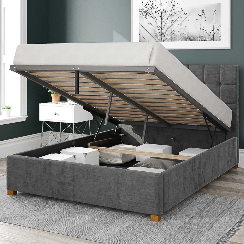 Sinatra Single Ottoman Bed with Storage - Charcoal, Velour